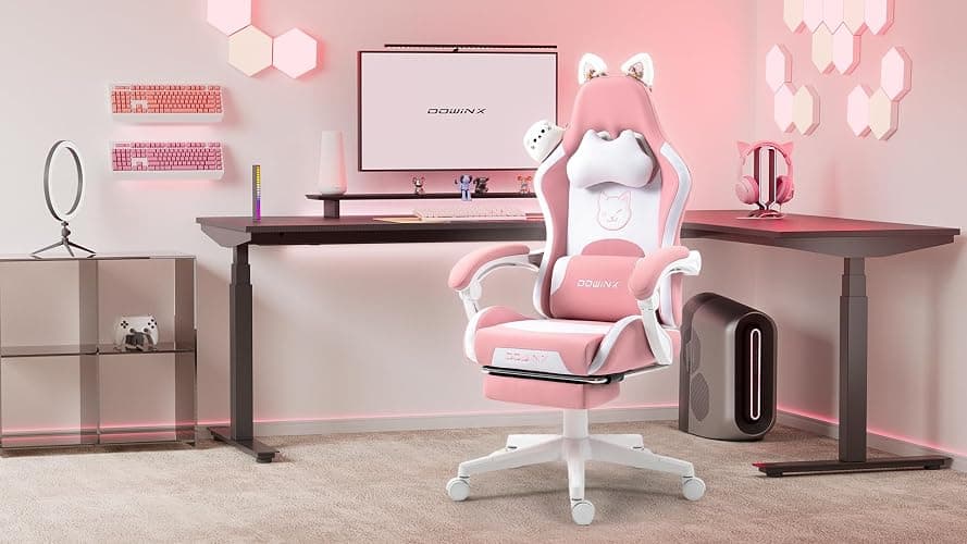 Dowinx Gaming Chair Cute with Cat Ears and Massage Lumbar Support, Ergonomic Computer Chair for Girl with Footrest and Headrest, Comfortable Reclining Game Chair 290lbs for Adult, Teen, Pink thumbnail 7