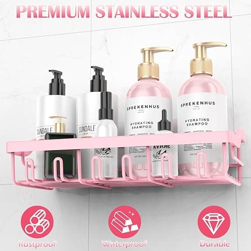 Hsiohe 2 Pack Shower Caddy, Adhesive Shower Organizer for Bathroom Storage, Rustproof Stainless Steel Shower Shelves, No Drilling, Large Capacity Shower Rack Shelf for Inside Shower, Pink - Pink - 2 Pack thumbnail 4