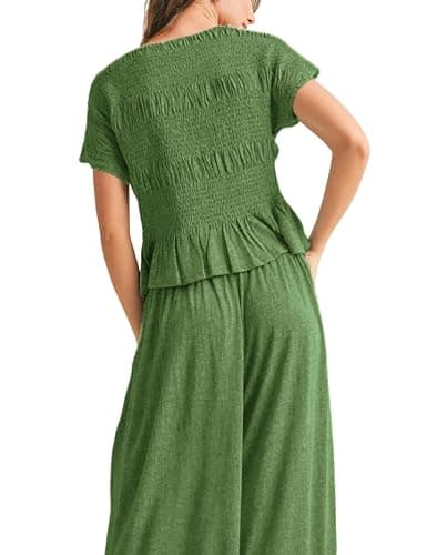 Antnation Womens 2 Piece Smocked Top Wide-Leg Pants Set High-Waisted Lounge Outfit with Pockets Casual Boho Matching Set thumbnail 3