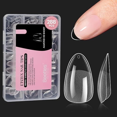 Beetles Extra Short Almond Nail Tips, 12 Sizes 288 PCS Pre-Shaped Clear Full Cover Etch Gel Nail Tips Clear Acrylic Nails Glue on Nails for Girls Women Nail Art Design,Nail Glue Needed - Image 1