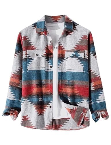 FindThy Men’s Brushed Flannel Shirts Ethnic Aztec Print Button Up Lapel Tribal Shirt Jacket Shacket - Image 1