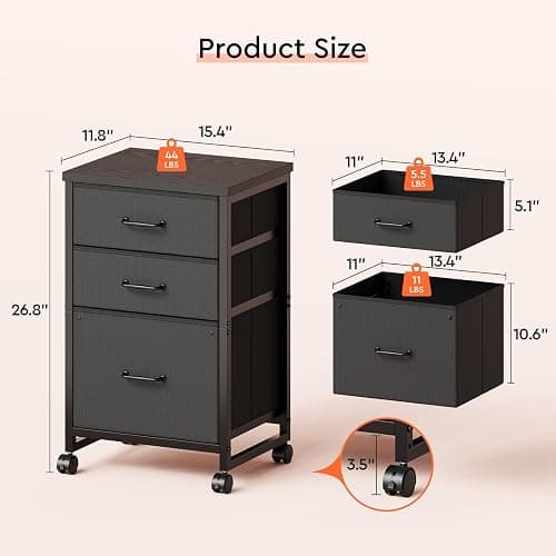 Maihail 3 Drawer Mobile File Cabinet with Wheels Fabric Vertical Filing Cabinet fits A4 or Letter Size for Home Office,Black thumbnail 3