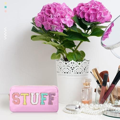 Shinylin 2 Pcs Preppy Chenille Letter Duffle Bag and Makeup Pouch, Travel Tote Bag Cosmetic Zipper Patch Makeup Bag (Pink) - Pink thumbnail 7
