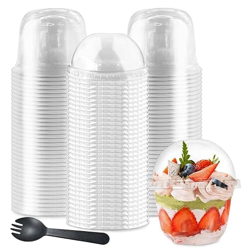 Szsrcywd 100Pcs 10oz Plastic Dessert Cups with Dome Lids,50Pcs Disposable Clear Parfait Party Cup(No Hole) and 50Pcs Sporks,Snack Containers Bowls for Cake,Mousse,Milkshake,Yogurt,Ice Cream,Fruits - Image 1