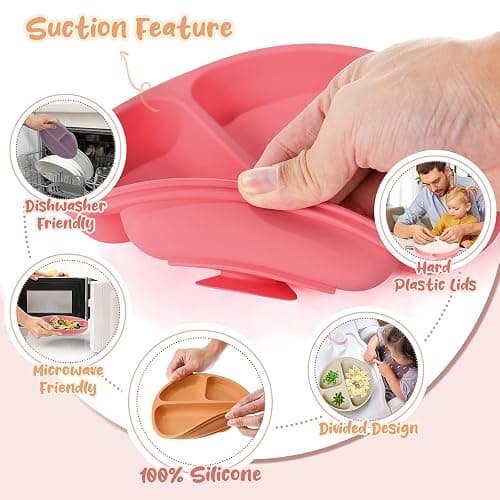 Meanplan 6 Pack Suction Plates for Toddlers with Lids Silicone Baby Plates set Food Grade Silicone Divided Design Microwave and Dishwasher Safe Assorted Colors(Cute Colors) thumbnail 5