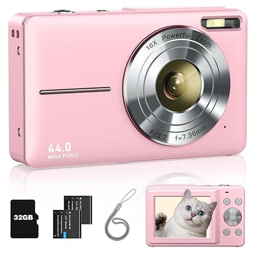 Digital Camera, FHD 1080P Point and Shoot Kids Camera, with 32GB Card, 2 Batteries, 16X Zoom Anti Shake Date Stamp, Compact Portable Small, for Starter Kid Children Teen Student Girl Boy(Pink) - Pink - Image 1