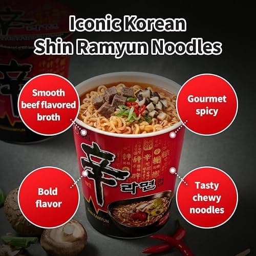 Nongshim Shin Ramyun Cup of Noodles, Spicy Signature Korean Instant Ramyun, Rich Beef Flavored Broth, Quick and Easy, Microwaveable Cup, 2.64 oz (Pack of 6) thumbnail 5