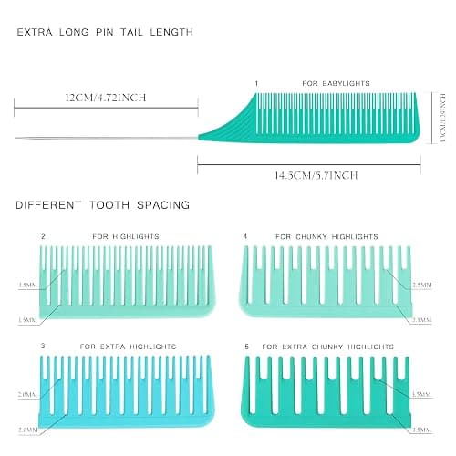Vellen Hair Ultimate Highlight Comb Set, 5 Sizes (Mint), Heat Resistant PEI Material, Extra Long Stainless Steel Needle - Professional Balayage Comb for Hair Stylists and Colorists thumbnail 3