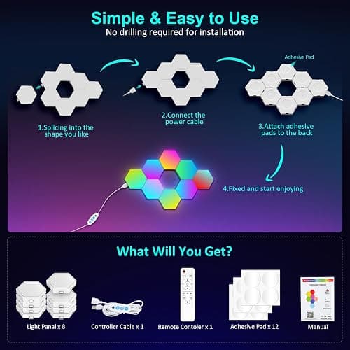 COLWINKU Hexagon Lights Gaming with Remote & App Control, 12 Pack RGB Led Hex Light Panels, Geometry Night Lamp DIY Hexagon Smart Wall Lights Sync to Music for Room Bar Decor Gaming Setup thumbnail 7