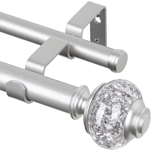 USFOOK Double Curtain Rods for Windows 66-120, 1 Inch Drapery Rod, Silver | Double Layer Window Treatment Rods, Decorative Crystal Ball Finials, Heavy Duty Adjustable Pole, Supports 33lbs, Wall Mounted - Image 1