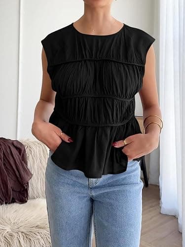 Cicy Bell Womens Cap Sleeve Peplum Tank Tops Summer Babydoll Smocked Cotton Shirts Casual Crew Neck Pleated Blouse thumbnail 5