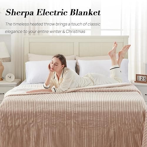 Westinghouse Queen Size Electric Blanket, Flannel to Sherpa Reversible, Heated Blanket Queen with Dual Control 10 Heating Settings & 1-12 Hours Auto Shut Off, Machine Washable, (84" x 90", Beige) thumbnail 8