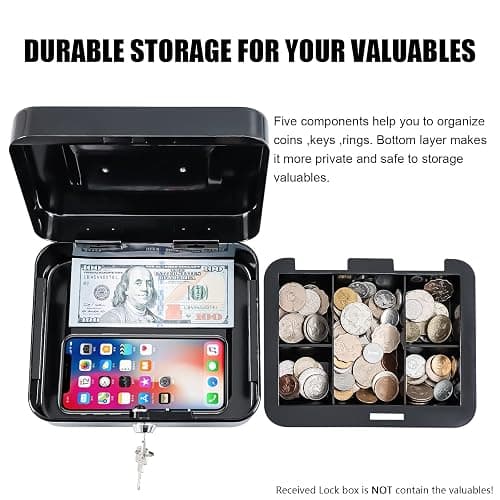 KYODOLED Medium Cash Box with Removable Money Tray, Key Lock Metal Storage Box with 2 Keys & Portable Handle, Safe Cash Drawer, 7.87"x 6.30"x 3.54", Black thumbnail 7