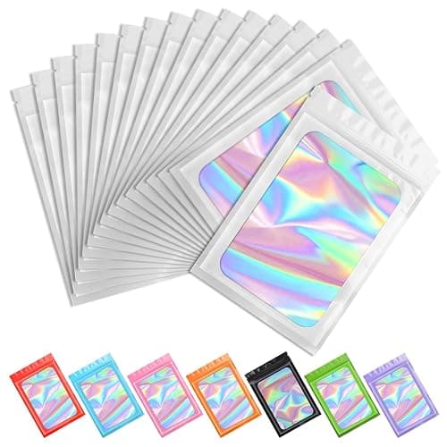 Funfery 100 pcs White Smell Proof Mylar Holographic Bags Packaging Bags,Clear Resealable Odor Proof Bag Foil Pouch Bag for Food Storage,Lipgloss,Jewelry,Eyelash Packing for Small Business(2.4x3.9In) - Image 1