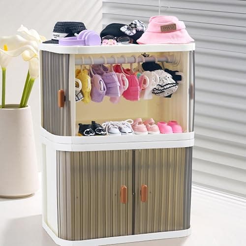 Foldable Doll Wardrobe Closet Storage Box Compatible with Labubu Clothes with 15 Hangers & Rod - Stackable Organizer Cabinet for 15/17cm Doll Clothes with Dust-Resistant Cover and Display Shelf thumbnail 6