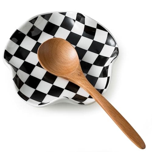 Miamolo Spoon Rest for Stove Top, 5.3in Checkered Spoon Holder Utensil Rest, Ceramic Spoon Rests for Coffee Bar, Kitchen Gadget Cooking Gift for Housewarming - Heat Resistant & Dishwasher Safe - Image 1