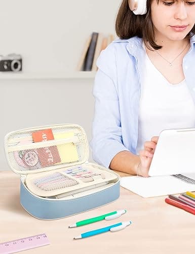 SUNEE Cute Pencil Case, Aesthetic Pen Pouch, Colored Large Pencil Bag with Zipper, Kawaii Stationery Storage and Organizer, School Supplies for Teen and Adult Girls, Blue thumbnail 2