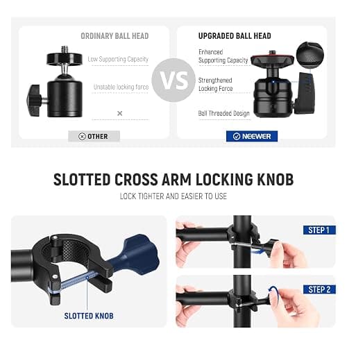 NEEWER TL253A+DS001 Table Camera Tripod with 2 Telescopic Arms, Phone Holder, Ball Heads, Screw Adapter, Table Light Stand for Camera, Mobile Phone, Webcam, Ring Light thumbnail 9