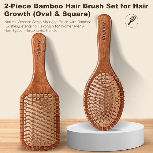 2-Piece Bamboo Hair Brush Set for Hair Growth (Oval & Square) - Natural Wooden Scalp Massage Brush with Bamboo Bristles,Detangling Hairbrush for Women,Men,All Hair Types - Ergonomic Handle thumbnail 2