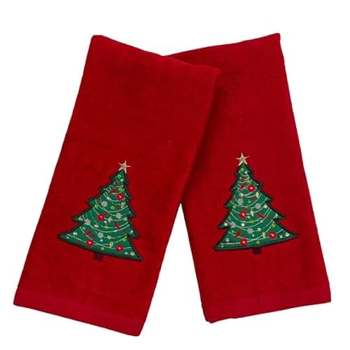 Serafina Home Christmas Red Bathroom Hand Towels, 2 pc Set, 16 x 25, Elegant Christmas Tree, 100% Cotton Velour Terry, Holiday Decor for Bath and Kitchen thumbnail 8