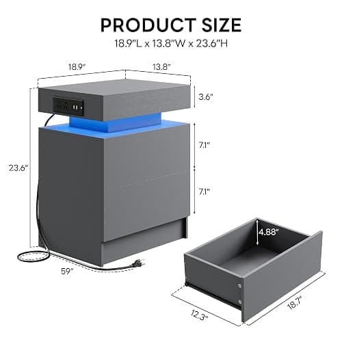 LIKIMIO Night Stand with Charging Station, Modern Grey Nightstand with LED Light and Drawers, Bedside Tables/End Table for Bedroom thumbnail 2