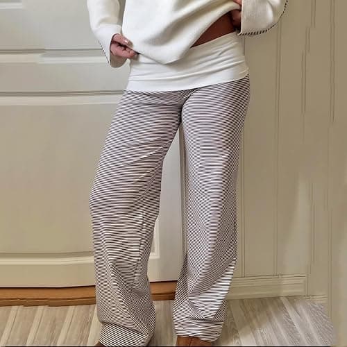 FOMOYUU Women's Fold Over Lounge Pants Low Rise Wide Leg Yoga Sweatpants Stretchy Bell Bottoms Leggings Roll Over Pants thumbnail 2