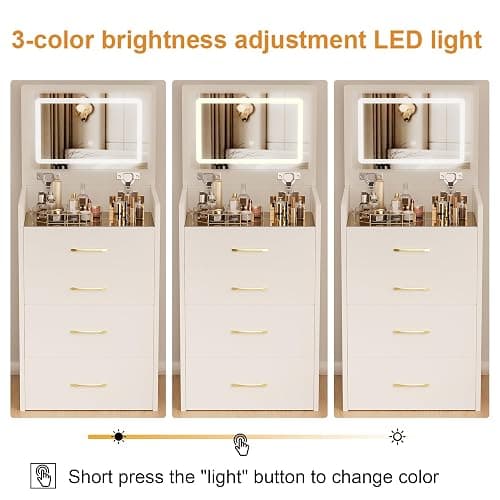 3 in 1 Vanity Desk with Plip Top Mirror and Lights,Compact Vanity Set with Visible Glass Desktop,Small Makeup Vanity Table with 3 Drawers,Cushioned Tool,3 Light Mode,Brightness Adjustable,White thumbnail 6