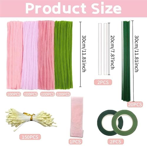 CllyCnny Pipe Cleaners Craft - 400 PCS Chenille Stems DIY Flowers Kit Green Pink 4 Colors Pipecleaners Bulk with Instruction Floral Stems Stamens Tapes Ribbons for Tulips Bouquet Making Supplies thumbnail 2