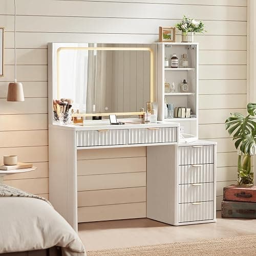 LEYAOYAO Vanity Desk with Mirror and Lights, 43.5'' Fluted Makeup Vanity with 6 Drawers and Adjustable Shelves, Wood TC Make Up Vanity Dressing Table with Glass Top and Power Outlet for Bedroom thumbnail 5