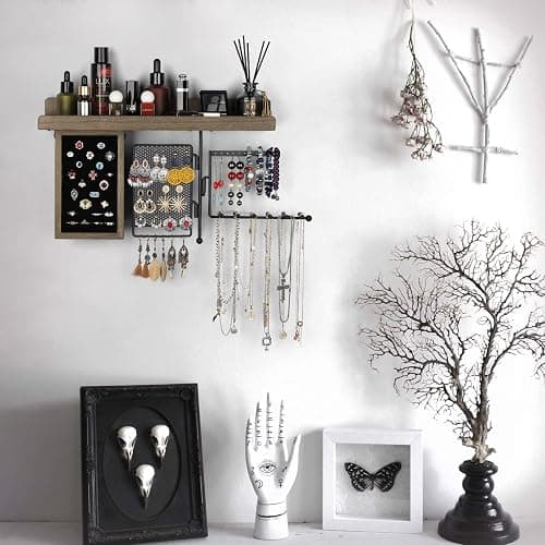SOLIMINTR Hanging Jewelry Organizer Wall Mount Holder with Rustic Wood Shelf, Ring Display Box, Ear Studs Earring Holder, Rotating Necklace for Gothic Goth Accessories thumbnail 6