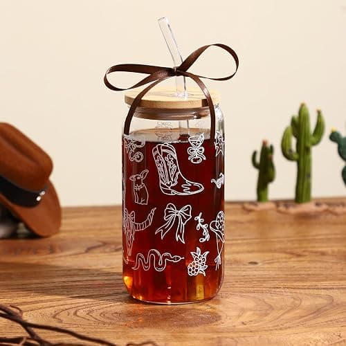 Celebloom Western Gifts for Women, Cute Glass Cup for Western Cowgirl Stuff | Iced Coffee Tumbler Glass Cup with Lid Straw for Country Girl Gift Thanksgiving Christmas Birthday Mothers Day Friend 16oz thumbnail 5
