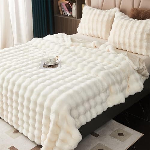 GKXLH Fluffy Blanket White - Soft Throw Blanket for Couch, Fuzzy Plush Rabbit Faux Fur Blanket, Cute Cozy Blankets for Women, Thick Bubble Blankets for Bed Sofa Bedroom Living Room - 39" x 63" Small - White - 39" x 63" (Small) thumbnail 6