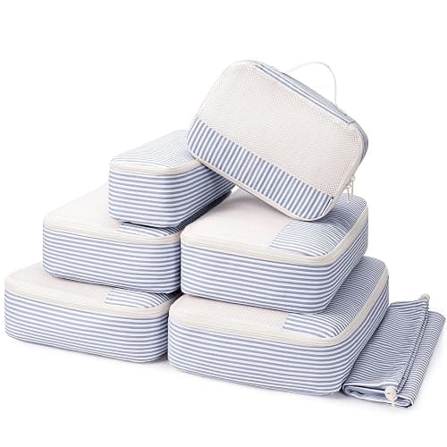 Narwey 7 Set Striped Packing Cubes for Travel Carry on Suitcase, Durable Packing Organizers Bag for Kids Women Men, Duffle Bags Backpack Travel Essentials Accessories (Greyish Blue Stripe) - Image 1