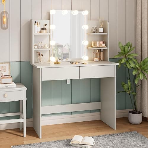 Cemoxul White Vanity Desk with Mirror and Adjustable Hollywood Lights, Makeup Vanity Desk with Lights 3 Color Modes, 2 Drawers & 4 Storage Shelves, Compact Dressing Table for Small Space thumbnail 7