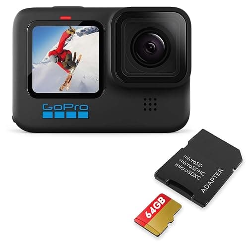 GoPro HERO10 Black + SD Card Bundle β Ecomm Packaging β Waterproof Action Cam, Front/Rear LCD Touchscreens, 5.3K60 UHD Video, 23MP, 1080p Live Streaming, and 64GB Extreme microSDHC UHS-I w/Adapter - Image 1