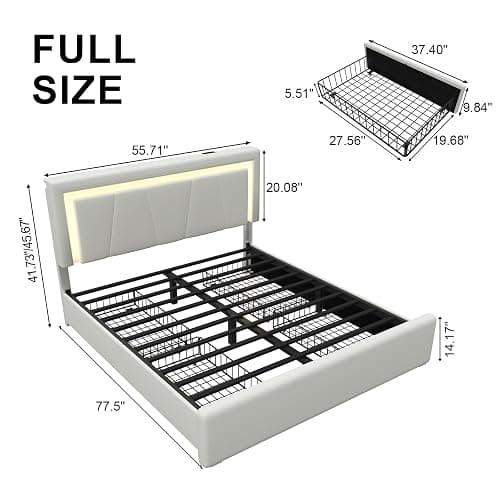 Full Size Bed Frame with 4 Storage Drawers and LED Lights, Upholstered Platform Bed with Adjustable Headboard and Charging Station, Metal Slats Support, No Box Spring Needed,Easy Assembly, White thumbnail 2