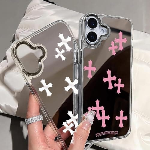 xoniery Compatible with iPhone 16 Plus Case Cute Glossy Mirror Back Case,Pink Cross Pattern,Senior Shockproof Protection for iPhone 16 Plus Case for Women Girls thumbnail 4