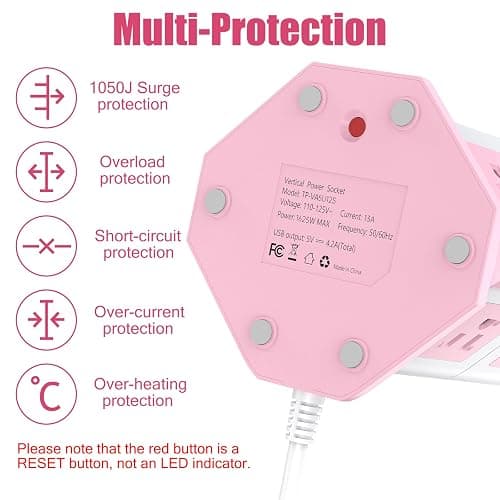 Pink Tower Power Strip with Surge Protection | HITRENDS 12 AC Outlets + 5 USB Ports | 16AWG/ 6.5 Ft Extension Cord with Multiple Outlets | Space-Saving Design for Office & Home(1625W, 1050J) thumbnail 4