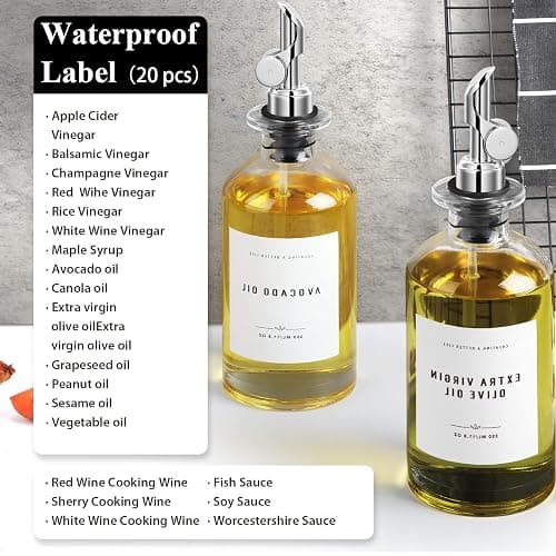 GIXSEGIE Olive Oil Dispenser Bottle Set with Bamboo Tray, Silver Classic Oil Dispenser, 2 x 350ML Glass Bottles, Weighted Metal Pourers, Kitchen Storage & Dispensing - 350ml, Set of 2 + Tray - Silver thumbnail 5