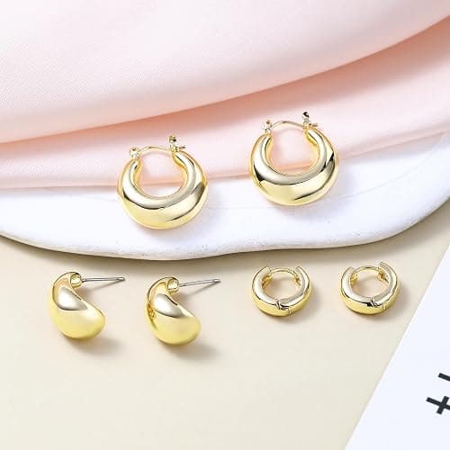 HILXURY Gold Chunky Hoop Earrings Set for Women, 14K Gold Plated Twisted Huggie Hoop Earring Hypoallergenic, Thick Open Hoops Set Lightweight thumbnail 4