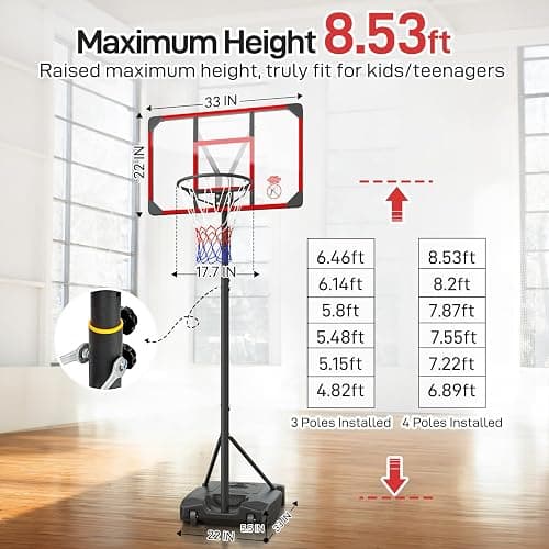 Yohood Kids Basketball Hoop Outdoor 4.82-8.53ft Adjustable, Portable Basketball Hoops & Goals for Kids/Teenagers/Youth in Backyard/Driveway/Indoor, with Enlarged Base and PC Backboard thumbnail 2