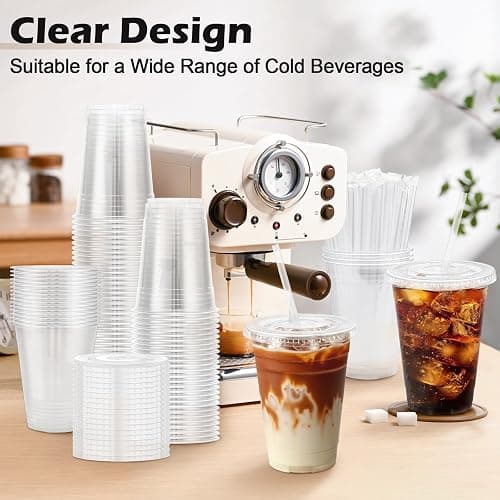 Lamosi 100 Pack 16 oz Clear Plastic Cups with Lids and Straws, Disposable Plastic Coffee Cups with Lids for Iced Coffee, Cold Beverages, Smoothies and To-Go Drinks thumbnail 5