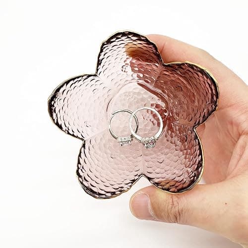 BROSEBEAQ Small Pink Glass Jewelry Dish Tray, Bathroom Jewlery Tray, Flower Ring Dish Jewlry Plate, Crystal Engagement Jewerly Ring Holder for Women, Nightstand Decor Trinket Jewelry Bowl Gift for Mom thumbnail 9