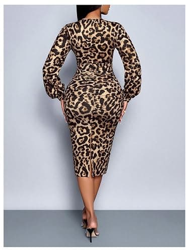 SweatyRocks Women's Long Sleeve Lace Deep V Neck Ruched Cheetah Print Bodycon Midi Dress thumbnail 3