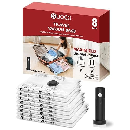 SUOCO Vacuum Bags for Travel with Rechargeable Pump, 8 Combo (2L/3M/3S) Compression Packing Seal Bags for Luggage Suitcase, Space Saver for Clothing and Clothes Travel - Image 1