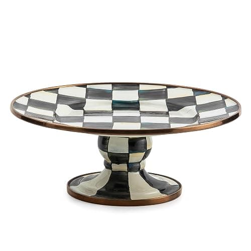 MACKENZIE-CHILDS Enamel Pedestal Serving Platter, Decorative Serving Dish for Food, Mini, Black-and-White Courtly Check - Image 1