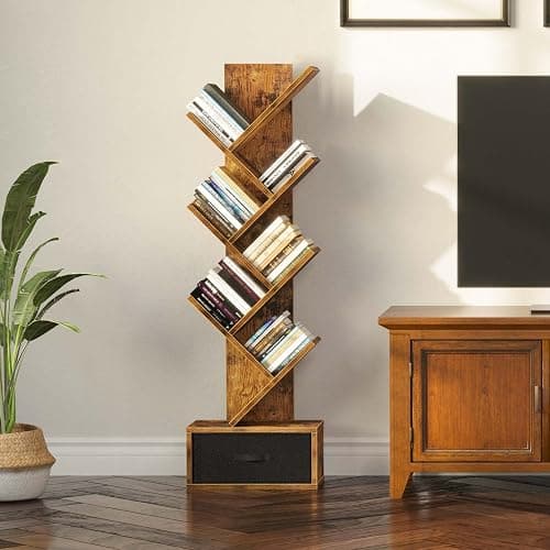 Rolanstar 7 Tier Bookshelf with Drawer, Tree Bookshelf, Small Bookshelves with Storage Rack for CDs/Movies/Books, Standing Book Shelf, Tall Narrow Bookcase for Living Room, Bedroom, Rustic Brown thumbnail 5