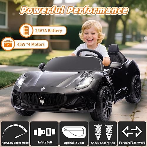 Acnico 2 Seater Kids Ride on Car with Remote Control -24V 4WD Licensed Maserati GranTurismo Ride on Toys, Bluetooth, High/Low Speed, 132lb Capacity, Toddler Electric Car Gift for Boys Girls (Black) thumbnail 7
