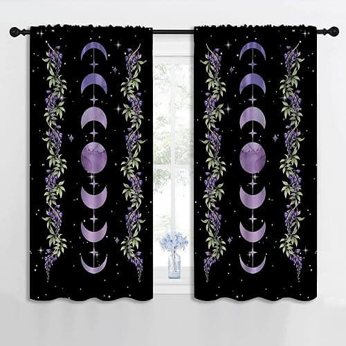 Purple Boho Floral Flower Rod Pocket Blackout Curtains for Boy Girl Bedroom,Moon Phase Moonlit Garden Witchy Gothic Aesthetic Light Filtering Window Drapes for Living Room Home Decor Privacy,42x63in thumbnail 4