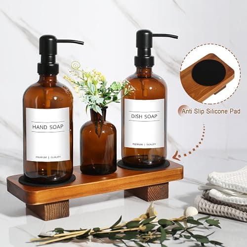 Kitchen Soap Dispenser Set with Wood Riser Tray, Amber Glass Soap Dispenser with Stainless Steel Pump, Hand and Dish Soap Dispenser Set for Kitchen, Soap and Lotion Dispenser Bathroom Decor(Amber) thumbnail 5